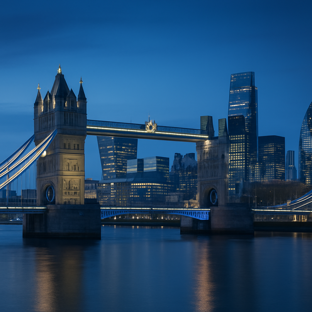 London skyline with Tower Bridge at blue hour